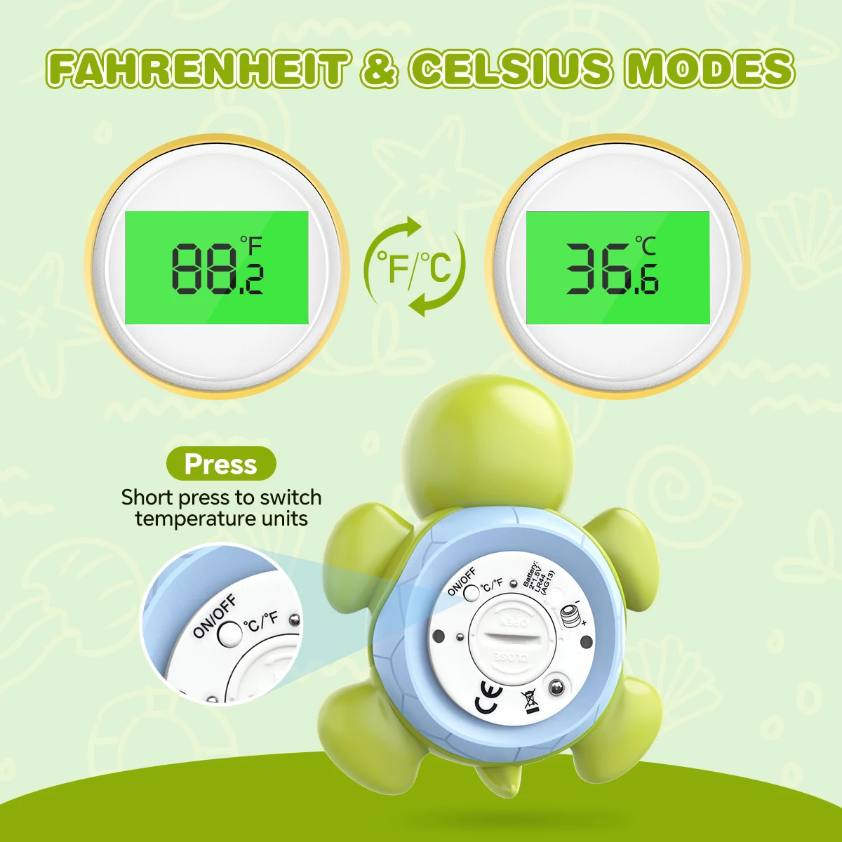 Turtle Shaped Floating Digital Water Thermometer, 3-Color Backlight LCD Screen, Hot Cold Warning Reminder, Waterproof Temperatur
