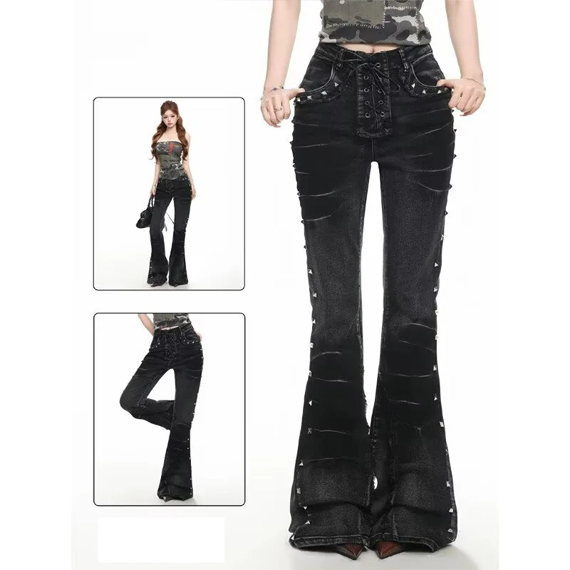 Y2K Washed Jeans Gothic Retro Micro Flared Double Waisted Lace Up Pants Women Streetwear High Quality Design Sense Trousers