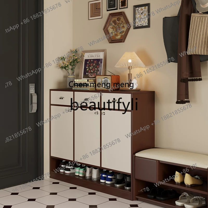 Armário de sapatos medieval, armário de armazenamento multicamadas de grande capacidade na porta do armário de varanda de madeira maciça de armazenamento doméstico