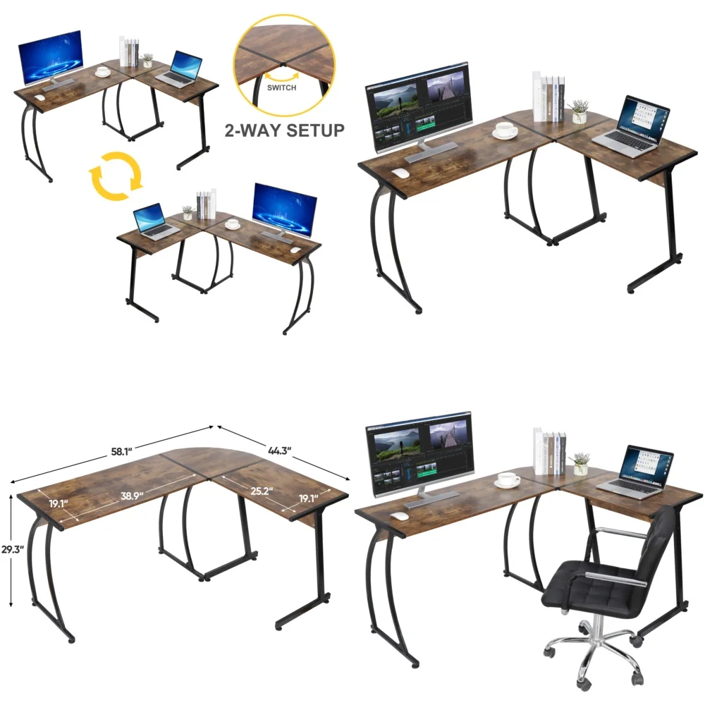 

L shaped brown desk corner computer gaming laptop table workstation home office study furniture adjustable modern work desk for