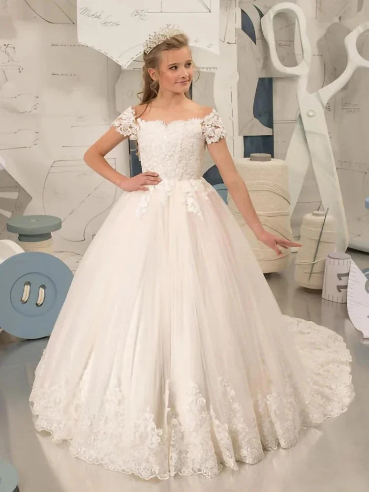 

Customized Graceful Flower Girl Dresses For Wedding Floor Length Appliques Princess First Communion Quinceanera Pageant Gown