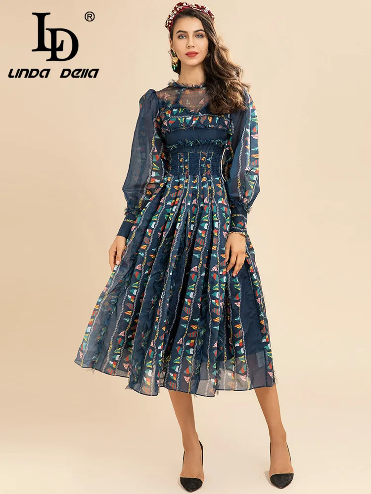 LD LINDA DELLA Fashion Designer Autumn Winter Dress Women's Lantern sleeve Elastic waist Printed Vintage Party Dress