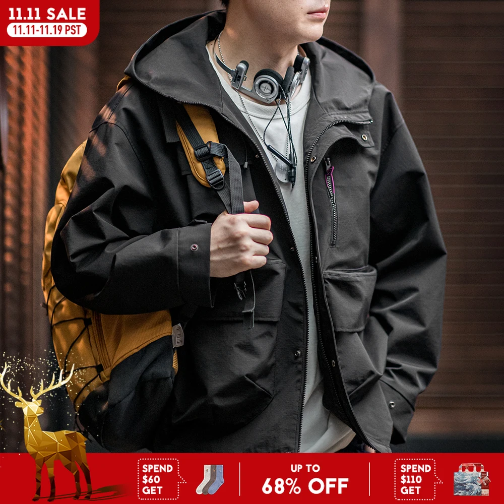 

Maden Повседневная функциональная куртка с несколькими карманами и капюшоном, черное свободное спортивное пальто на открытом воздухе для мужчин, универсальная куртка на весну и осень