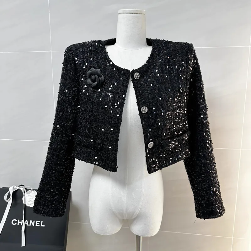 Early Autumn New French Luxury Sequins Tweed Coats Fashion Vintage 3D Flower Short Jackets For Women Elegant Fashion Outerwears