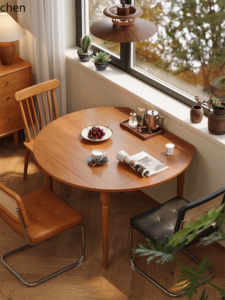 ZML All Solid Wood Folding Table Household Round Table Retractable Folding Round Table
