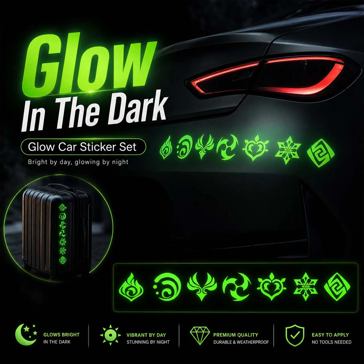 2 Sets Glow In The Dark Genshin Impact Element Symbol Luminous Vinyl Car Stickers For Auto Door Luggage Waterproof Decor Decals