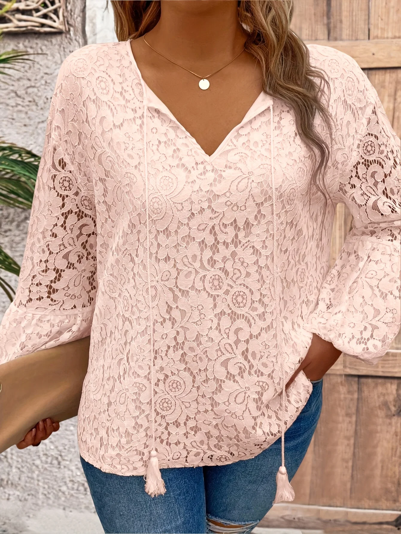 

Plus Size Pink Lace Blouse, V-Neck Sheer Floral Top with Tassel Tie and Bell Sleeves for Women