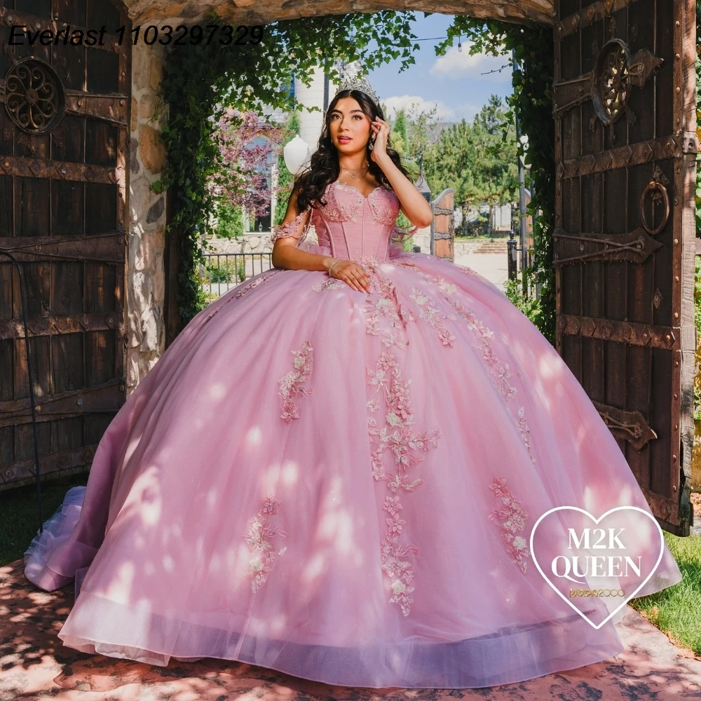 

Блестящее розовое платье EVLAST Quinceanera, бальное платье, 3D Цветочная аппликация, бисером, Мексиканский корсет, милое 16 Vestido De 15 Anos QD1087