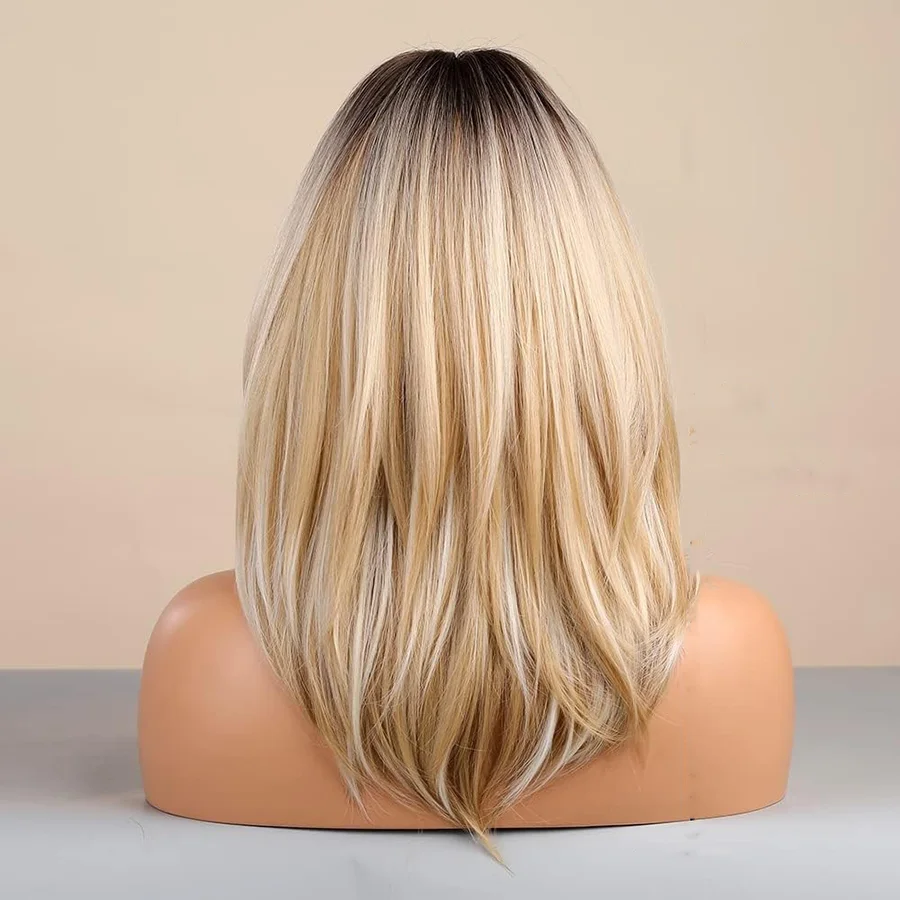 14 Inch Rooted Ombre Blonde Layered Synthetic Wig Face Framing Medium Wig Women Daily Cosplay Hair