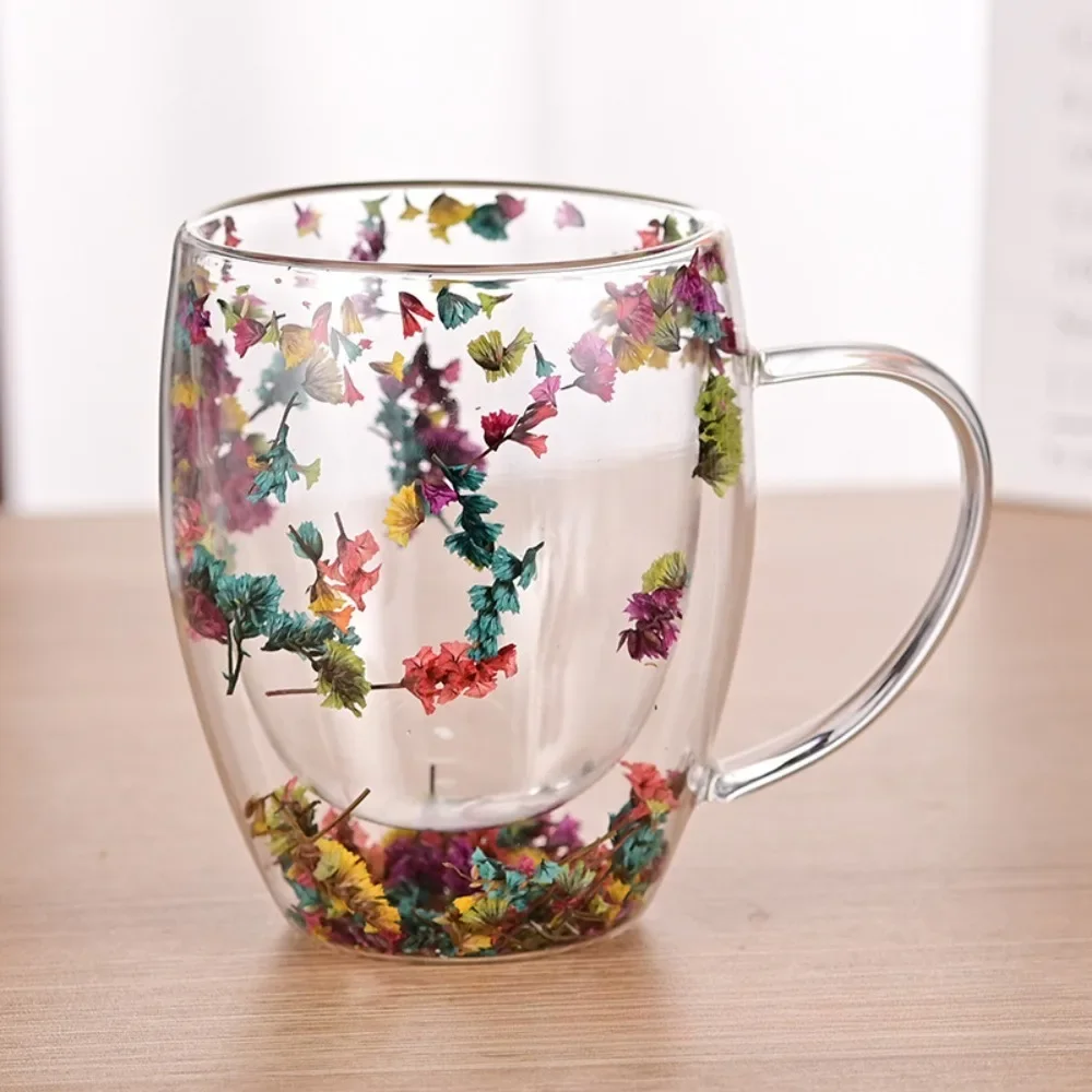 1pc 350ml Artificial Flower Glass Coffee Mug Double-Walled Espresso Cup Heat Insulated Quicksand Transparent Water Cup Drinkware