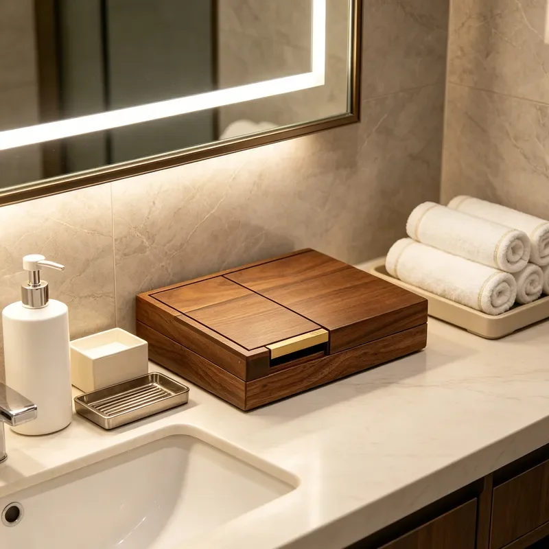 Retro Walnut Wood Grain Bathroom Storage Box Desktop Organizer for Toiletries Homestay Supplies Vintage Style Container