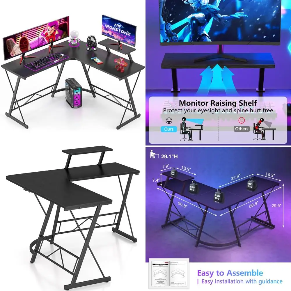 مكتب ألعاب زاوية مع حامل شاشة كبير - مكتب كمبيوتر على شكل حرف L لمستلزمات المكاتب المنزلية والكتابة ومحطة العمل