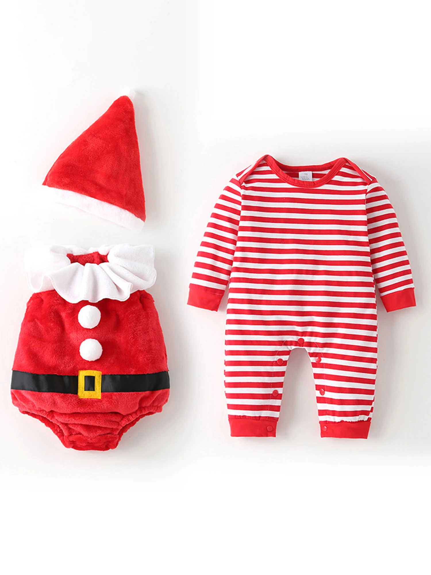 Weihnachtskostüm-Set für Kleinkinder, festlicher gestreifter Strampler mit Plüsch-Overall und Weihnachtsmütze für Babys und Kleinkinder