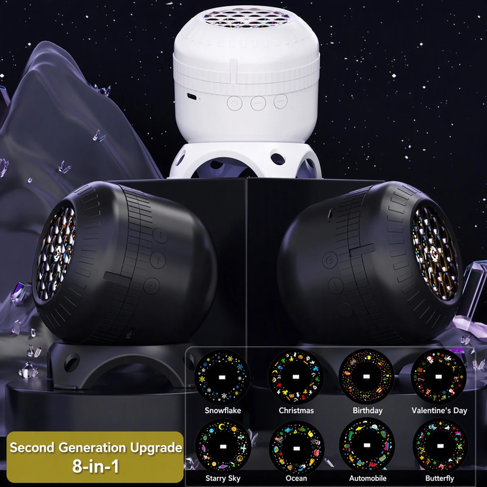 Rotating LED Projector Night Light 8-in-1 Christmas Snowflake Galaxy Star Ocean USB Powered Holiday Lamp