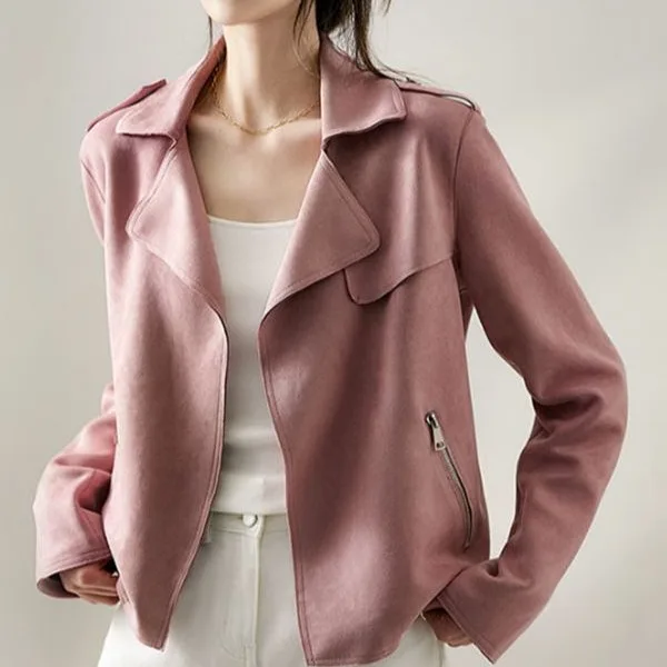 

Women Suede Coats Solid Short Jacket Turn Down Collar Zipper Long Sleeves Open Stitch Loose Moto Streetwear Casual 2026 Autumn