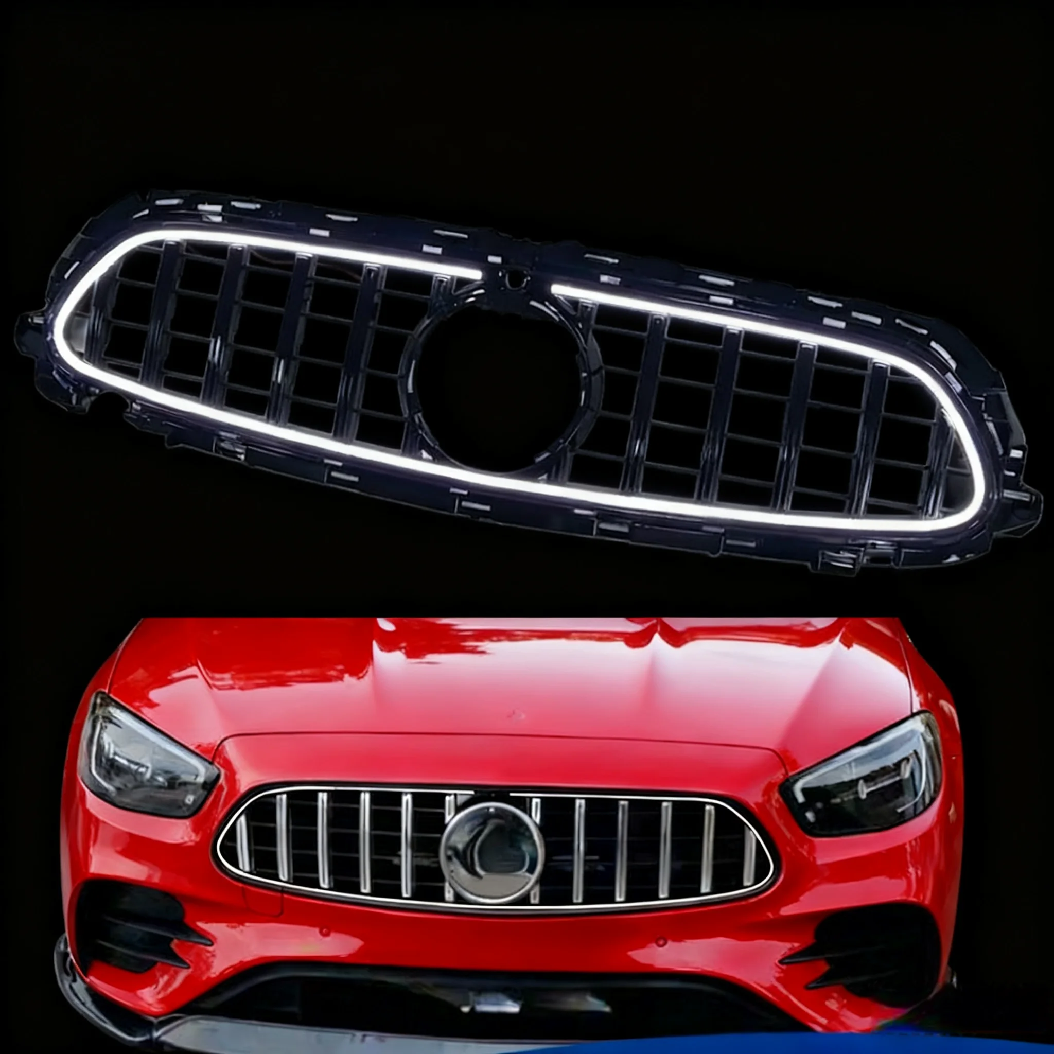 LED weißes Licht Frontstoßstangengrill Mittelplatte Styling Oberer Grill für Mercedes Benz E-Klasse W213 2020–2023 2021 2022