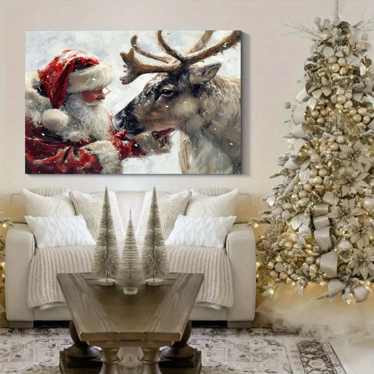 Frameless Santa Claus Petting Reindeer Poster Canvas Painting Wall Art Modern Home Bedroom Office Aesthetic Decoration Painting