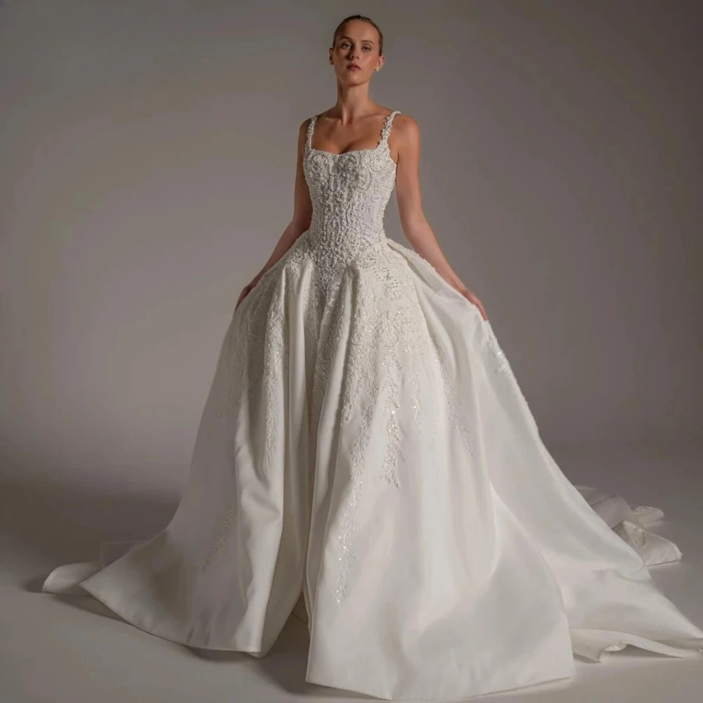 A-Line Delicate Wedding Dresses Boat Neck Sleeveless Vestido De Novia Lace Beaded Matte Satin Custom Made Bridal Gown