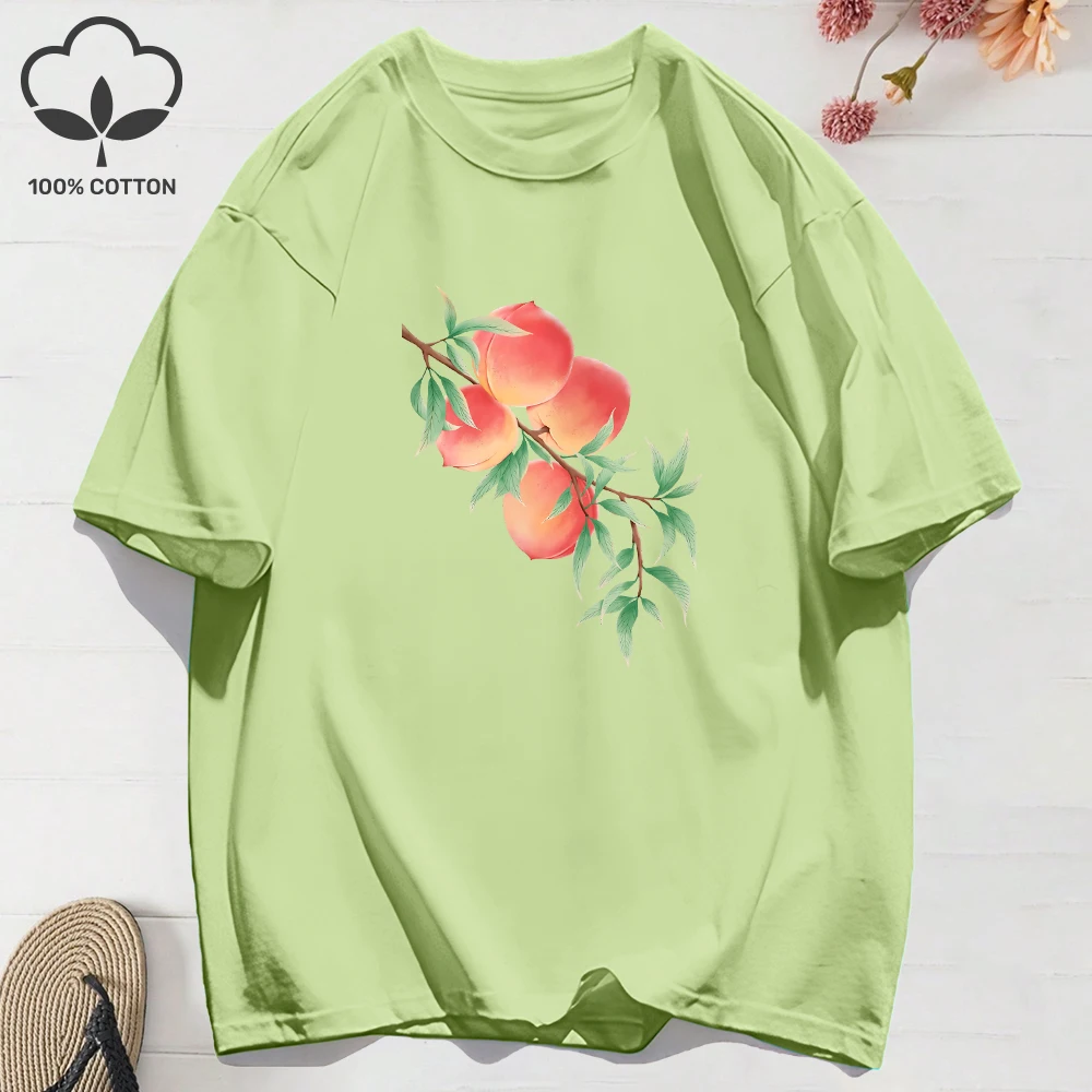 Summer T-Shirts Women Cotton Fresh Peaches On Branches Print Tops Loose O-Neck Soft Comfortable Short Sleeve Tees Casual Clothes