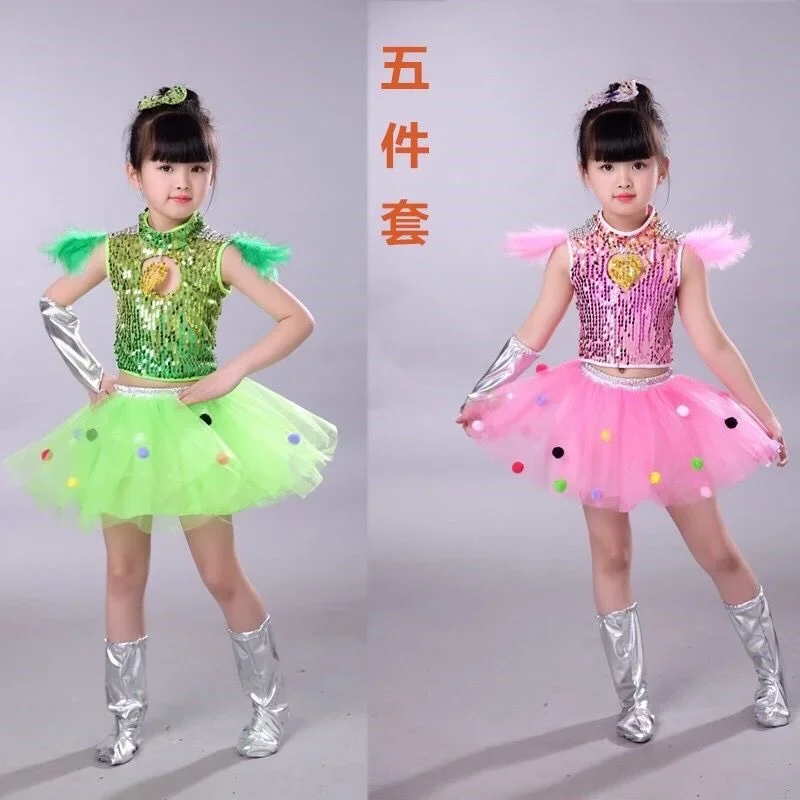 Kostium taniec jazzowy dla dzieci ubiór na przedstawienie z cekinami spódnica tiulowa poncho dla dzieci taniec nowoczesny ubiór na przedstawienie przedszkola