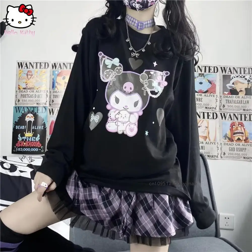 Sanrio kuromi harajuku estilo japonês doce dos desenhos animados sanrio kuromi impresso manga longa camiseta o-pescoço camiseta meninas topos kawaii
