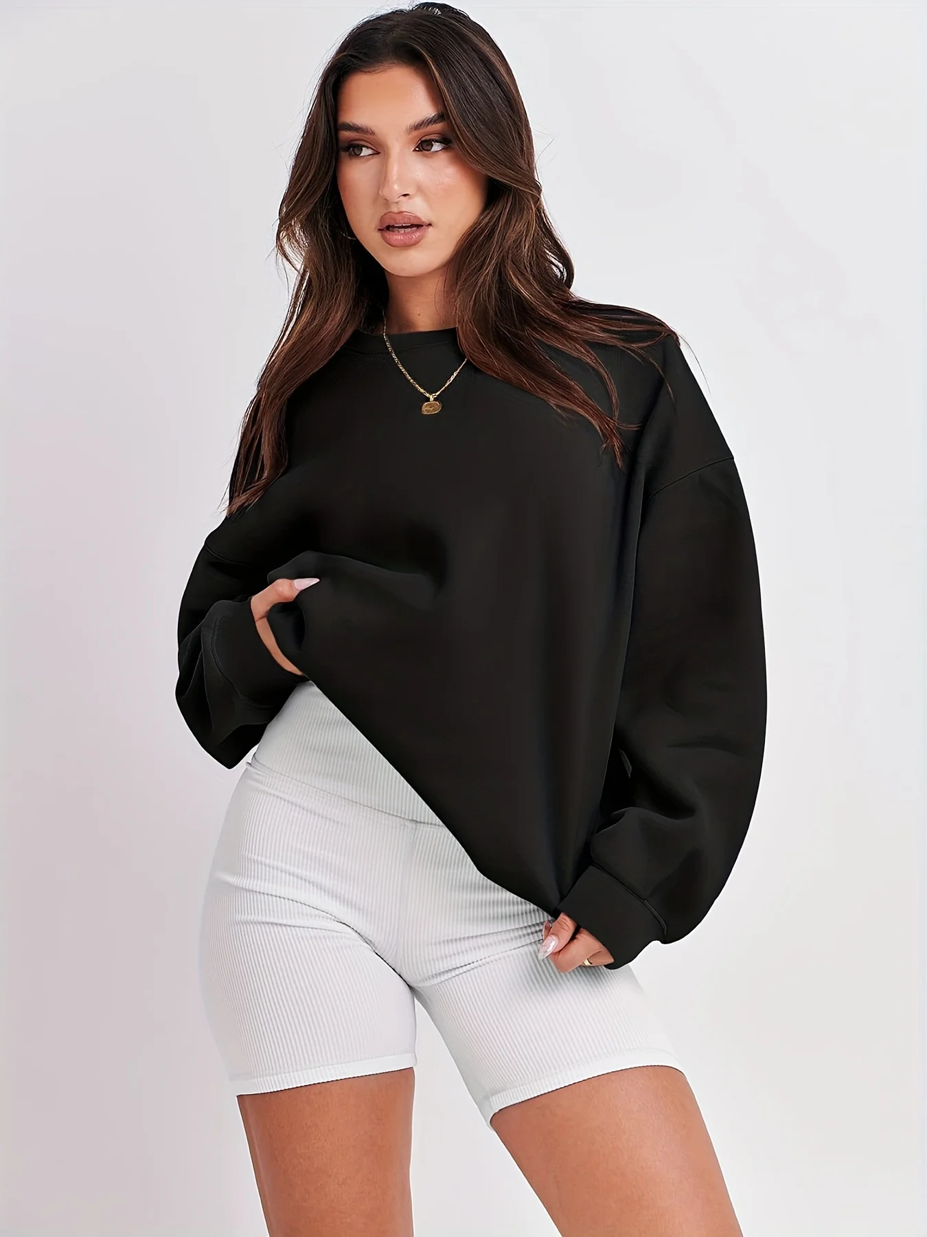 plus size European and American cross-border new oversized women\'s loose solid color hoodie long sleeved round neck pullover top