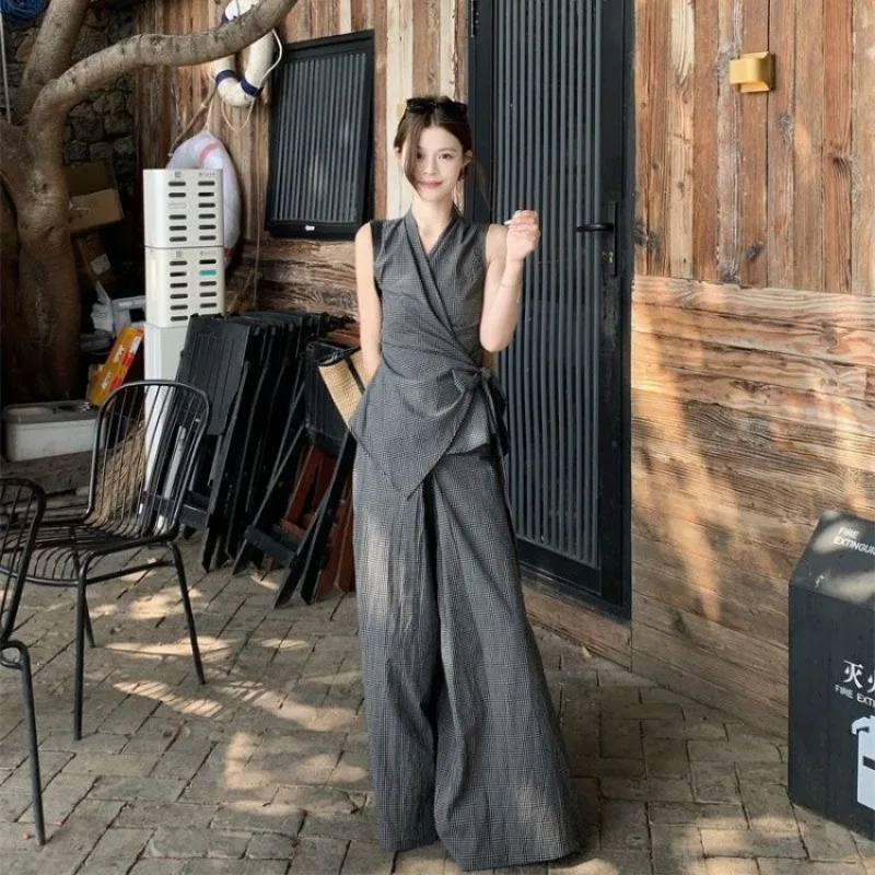 

Hot Girl Style 2026 Summer New Waist Cinching Tie Plaid Vest Top High Waist Wide Leg Pants Two Piece Set Women