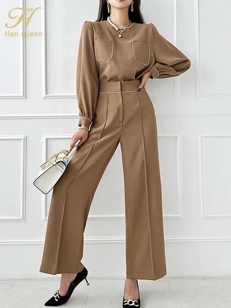 H Han Queen Autumn Color Blocking Occupation 2-Piece Suits Women Elegant Fashion Pocket Top & Simple Pants Korean OL Casual Set