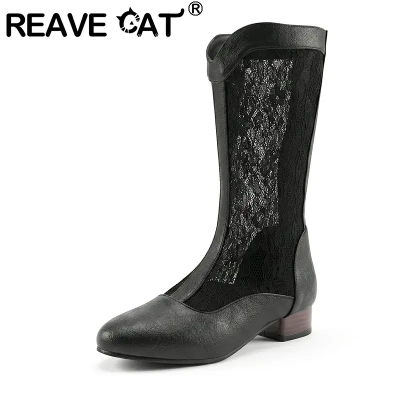 

Ботинки REAVE CAT белые женские до колена, с круглым носком, на среднем каблуке 3 см, на молнии, с комбинированным цветом, большие размеры 48, 49, 50, повседневные, для свиданий, Botas