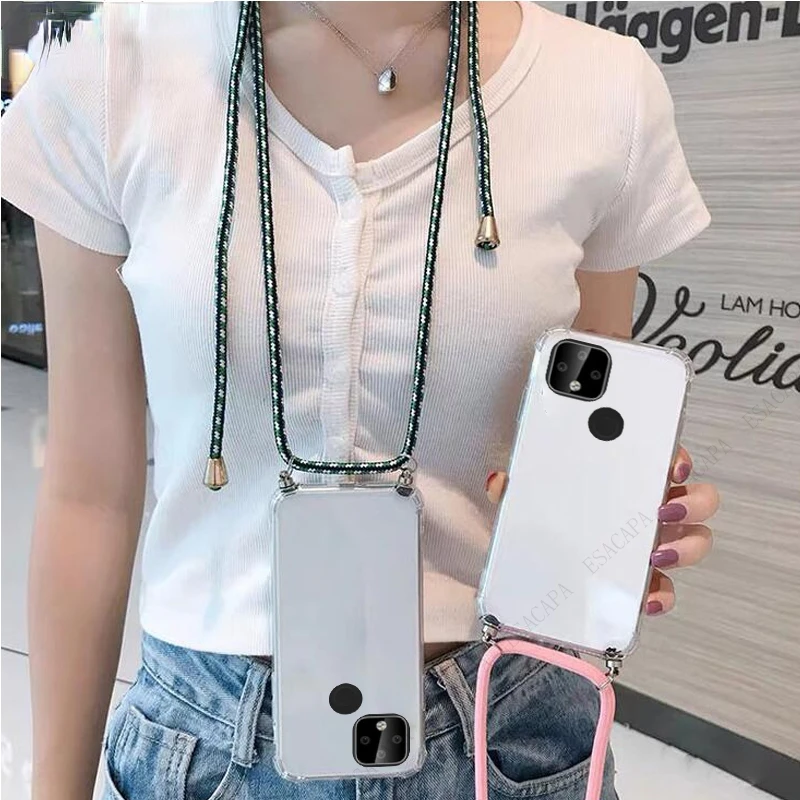 Necklace Chain Transparent Phone Case For Google Pixel 5A 4A 5G 4A 4XL 6 7 Pro Soft TPU Shockproof Lanyard Neck Strap Rope Case