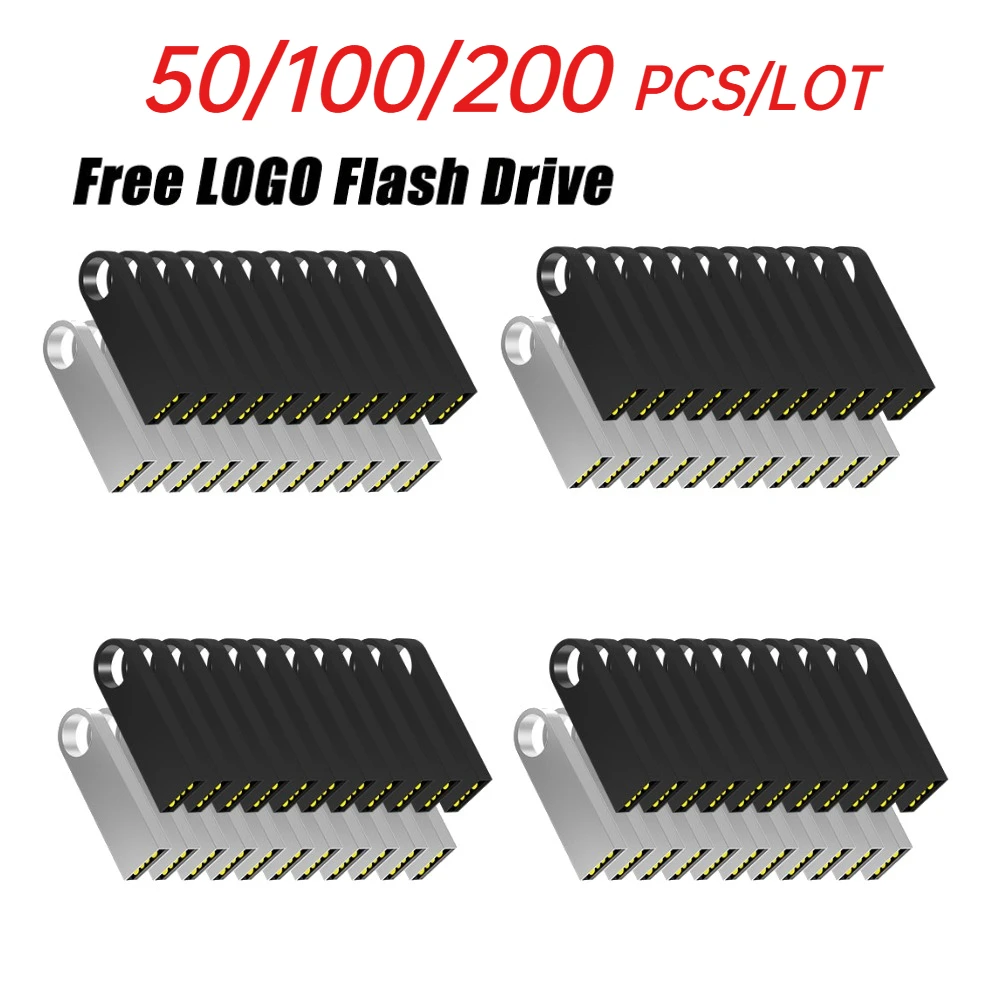 50/100/200Pcs Free Custom Logo metal USB Flash Drive 64GB 32GB 8GB 4GB memory Flash USB Stick pen drive 128mb 512mb PenDrive 2.0