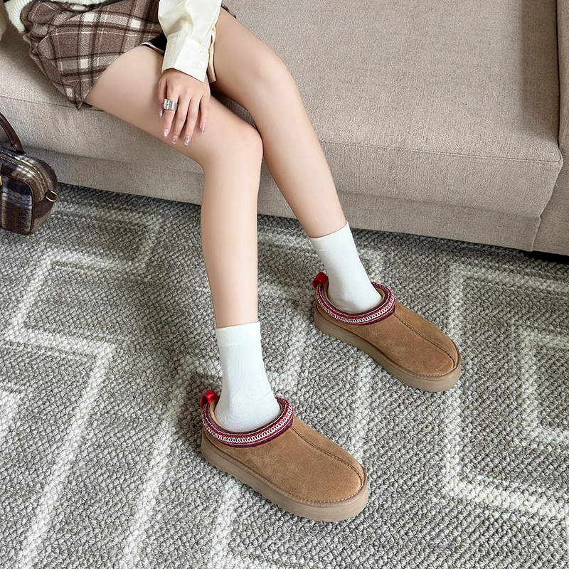 Cow Suede Slip On Winter Wool Ankle Boots Women Fashion Ladies Black Maroon Punk Platform Snow Boots Oversized Splicing Shoes