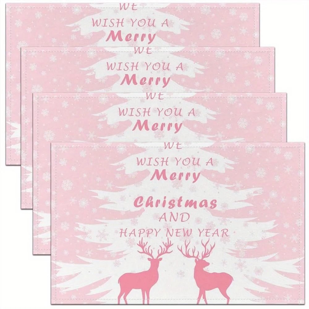 4pcs, linen placemats 12x18 inch single sided print, Merry Christmas Placemats for Dining Table Cute Deer Snowflake High Quality