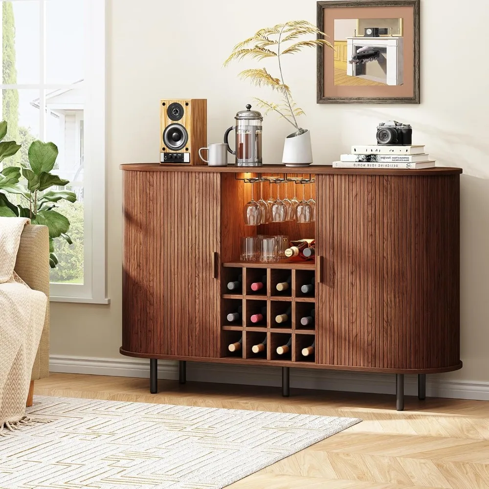 Gabinete para bar de vinos de 55" con luz LED, estación de café moderna para whisky y licor con estante para vino y soporte para copas,