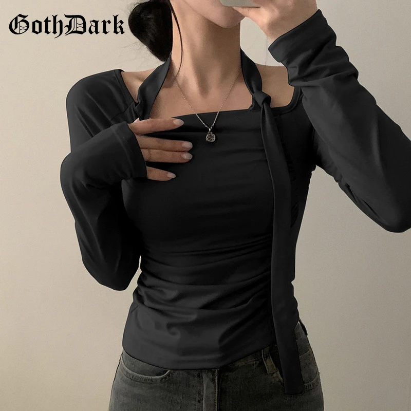 

Goth Dark Pure Color Square Collar Long Sleeve T-shirt Cyber Y2K Women Tops 90s E-girl Pleat Bandage Halter T-shirts Fall Outfit