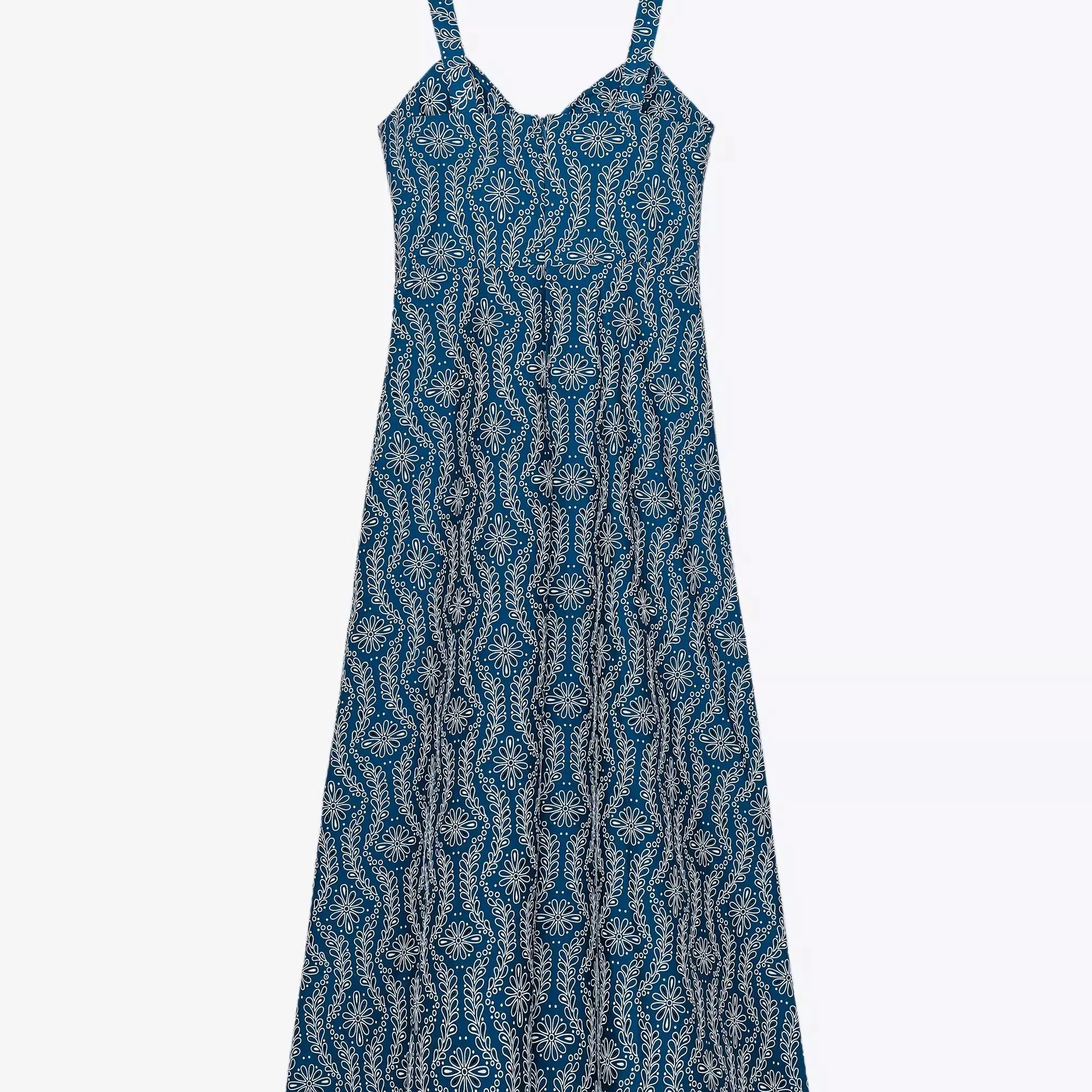 エレガントなハイウエストミディドレス刺繍入りグルーホローアウトノースリーブレディースファッション春夏新作ガウン