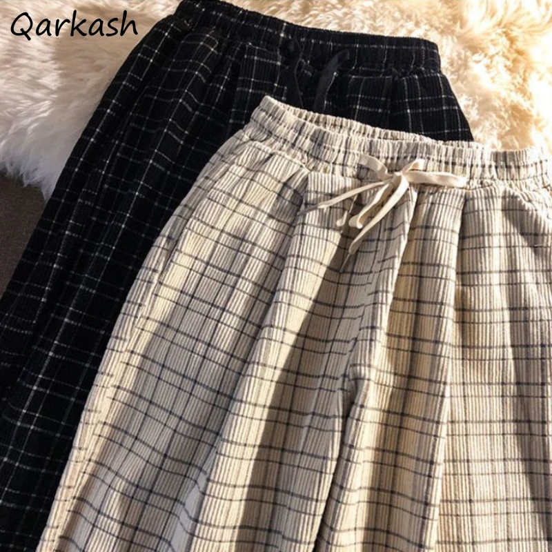 

Full-length Corduroy Pants Women Plaid Korean Style Japanese Thicker Straight Autumn Winter Loose New Leisure Wide Leg Students