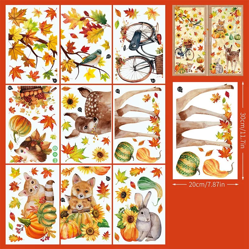 Fall Window Cling Sticker, Thanksgiving Autumn Harvest Animal Pumpkin Leaves for Party Supplies Window Glass Decoration