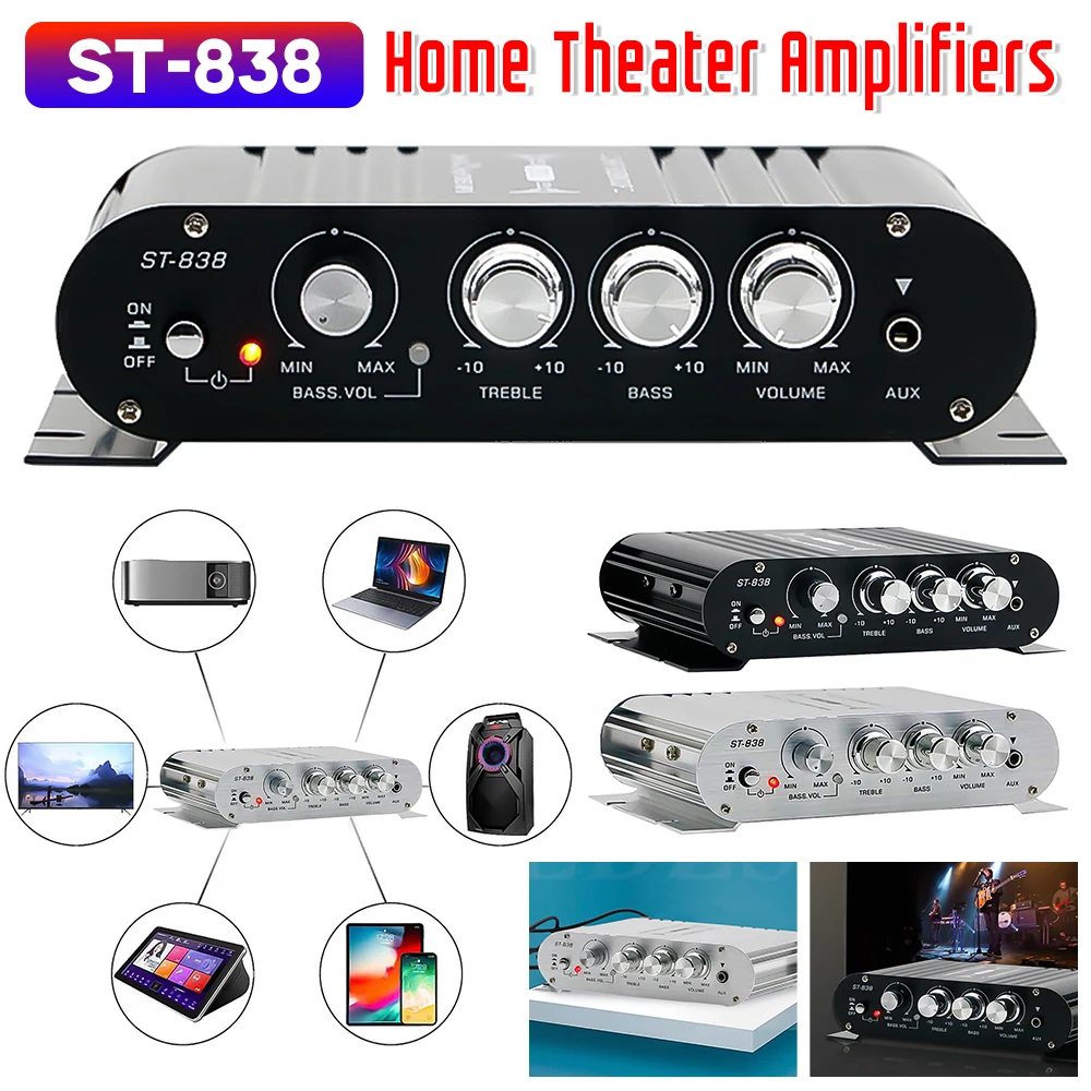 ST-838 Subwoofer Amplifier Bass and Treble Audio Amplifier HiFi 2.1 Channel Car Home Amp Adjustment 80W*2 Mini Media Player