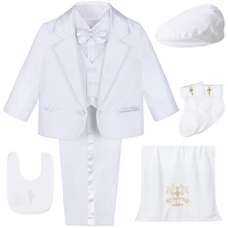 Baby Boy Baptism Outfit Infant White Christening Suit with Hat Toddler Wedding Birthday Party Clothing Long Sleeved Tuxedo 5PCS