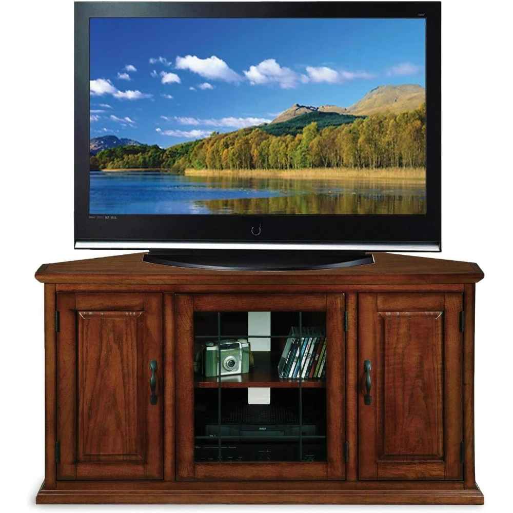 

80385 Leaded Glass Three Door Corner TV Stand with Enclosed Storage For 50" TV's, Burnished Oak