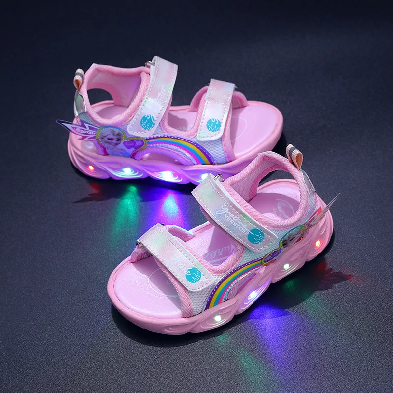 Sandali rosa Elsa per scarpe da ragazza Disney Cartoon Cute Baby Girl Beach sport sandalo moda illuminazione scarpe sandali per bambini