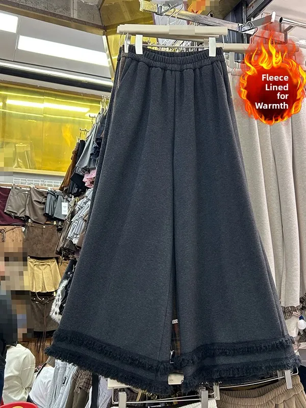 Fall Winter New Sle Tassel  Patchwork Casual Wide Leg Pants plus Size Women's Slimming Simple Fce Lined Warm Trousers