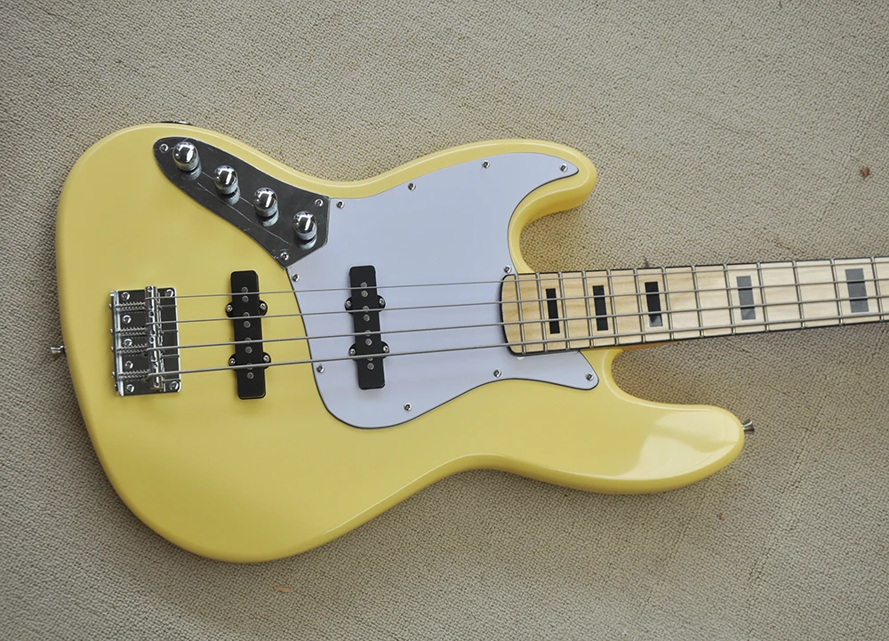 Left Hand 4 Strings Yellow Electric Bass with Active Circuit,Maple Fretboard,Customizable