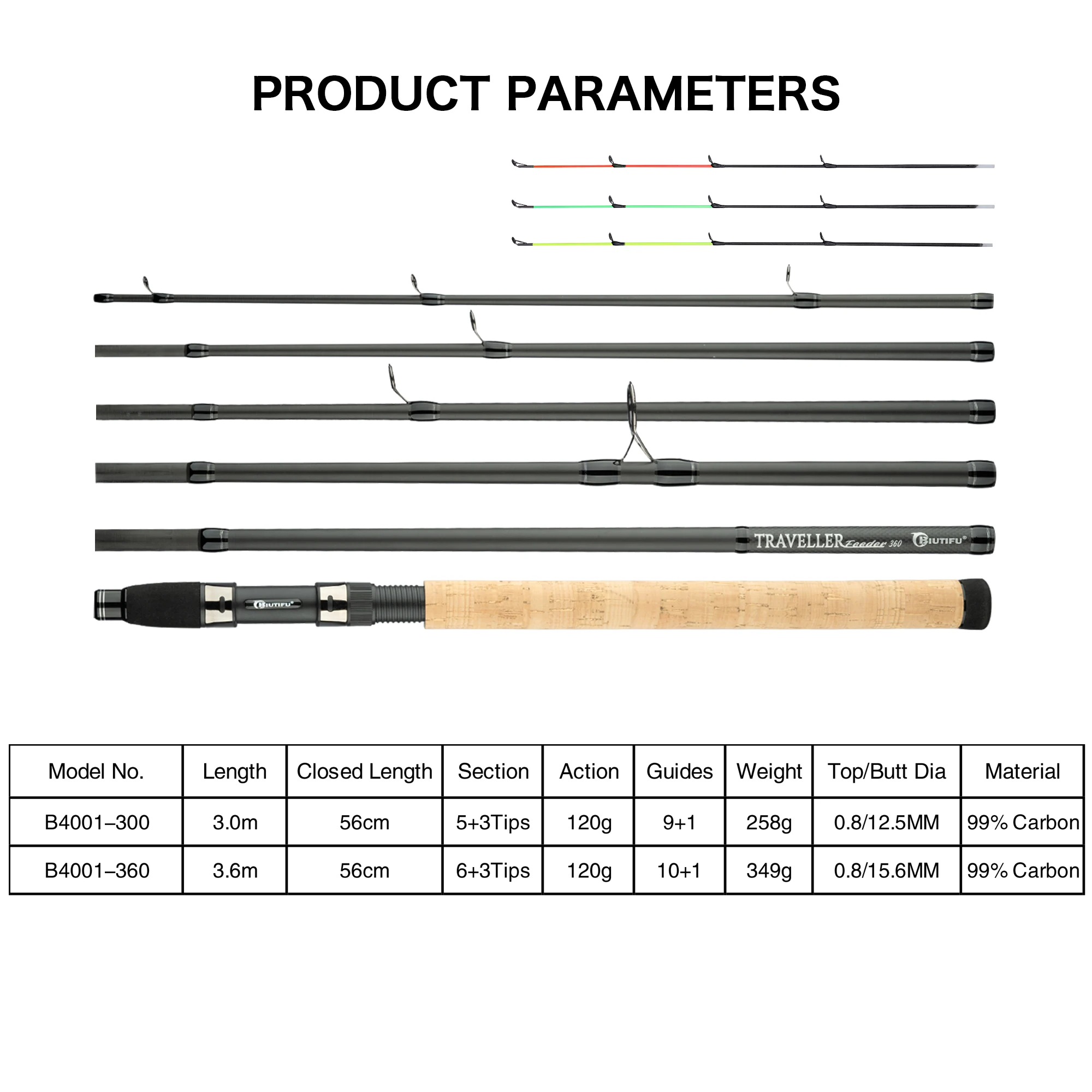 BIUTIFU Traveller Feeder Carp Fishing Rods 3.0m 3.6m 3Tips Casting Weight 120g Carbon Fiber Spinning Travel Pole Freshwater Sea