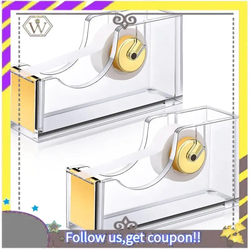 

New 2 Pieces Acrylic Office Tape Dispenser Transparent Gold Tape Dispenser Tape Holder Packing Tape Dispenser Durable Easy Insta