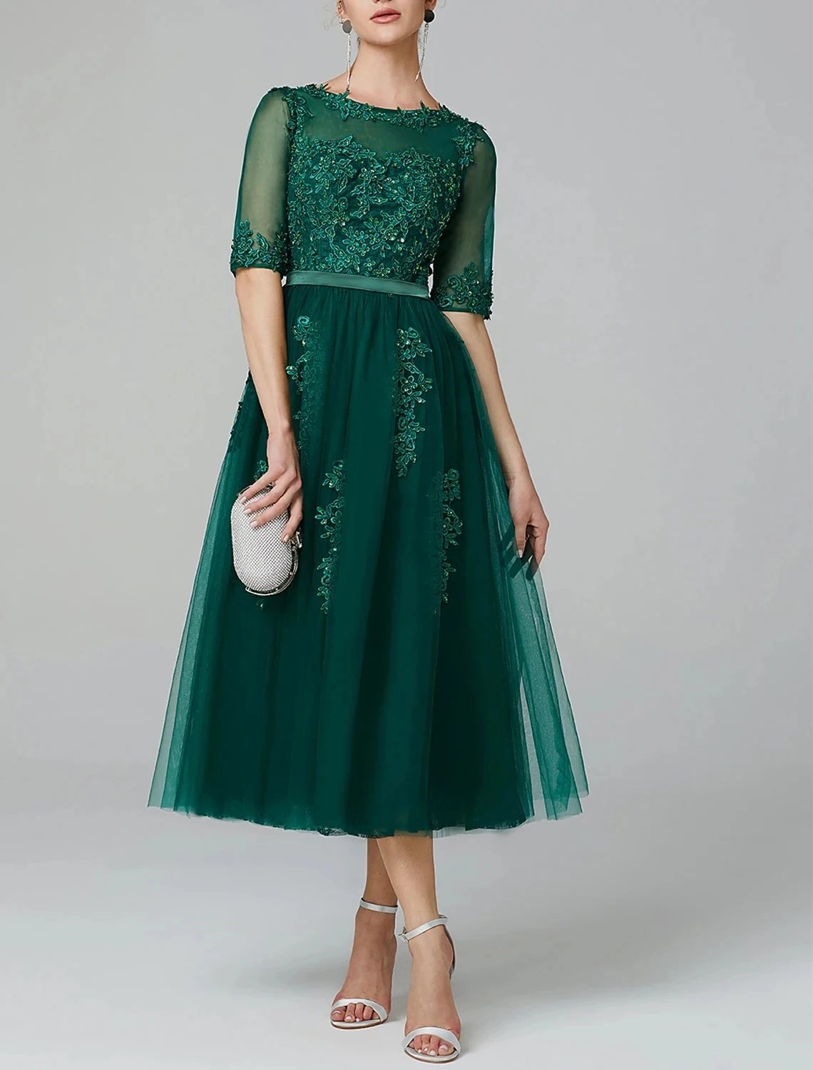 

Sparkle Green Evening Formal Dress Illusion O-Neck Tulle Lace Appliques A-line Prom Pageant Party Gowns Robe De Soiree