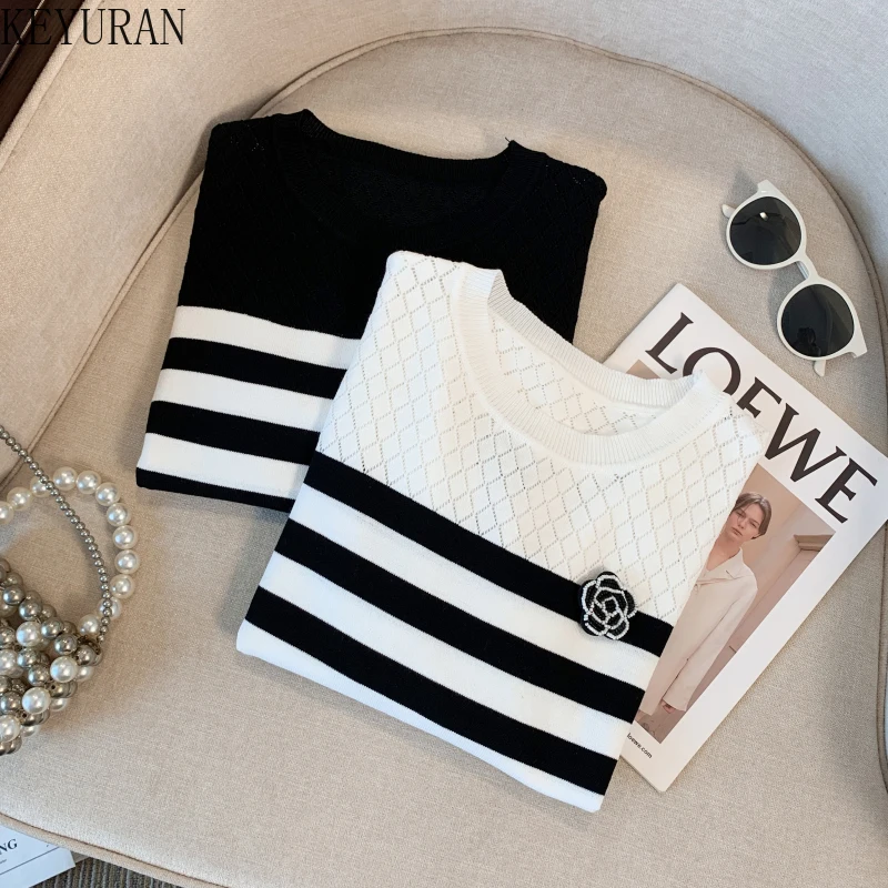 Thin Ice Silk Knit T-shirt Short Sleeve Sweater Women 2024 New Summer Chic Black Whiter Striped Tshirts Hollow Out Knitwear Tops