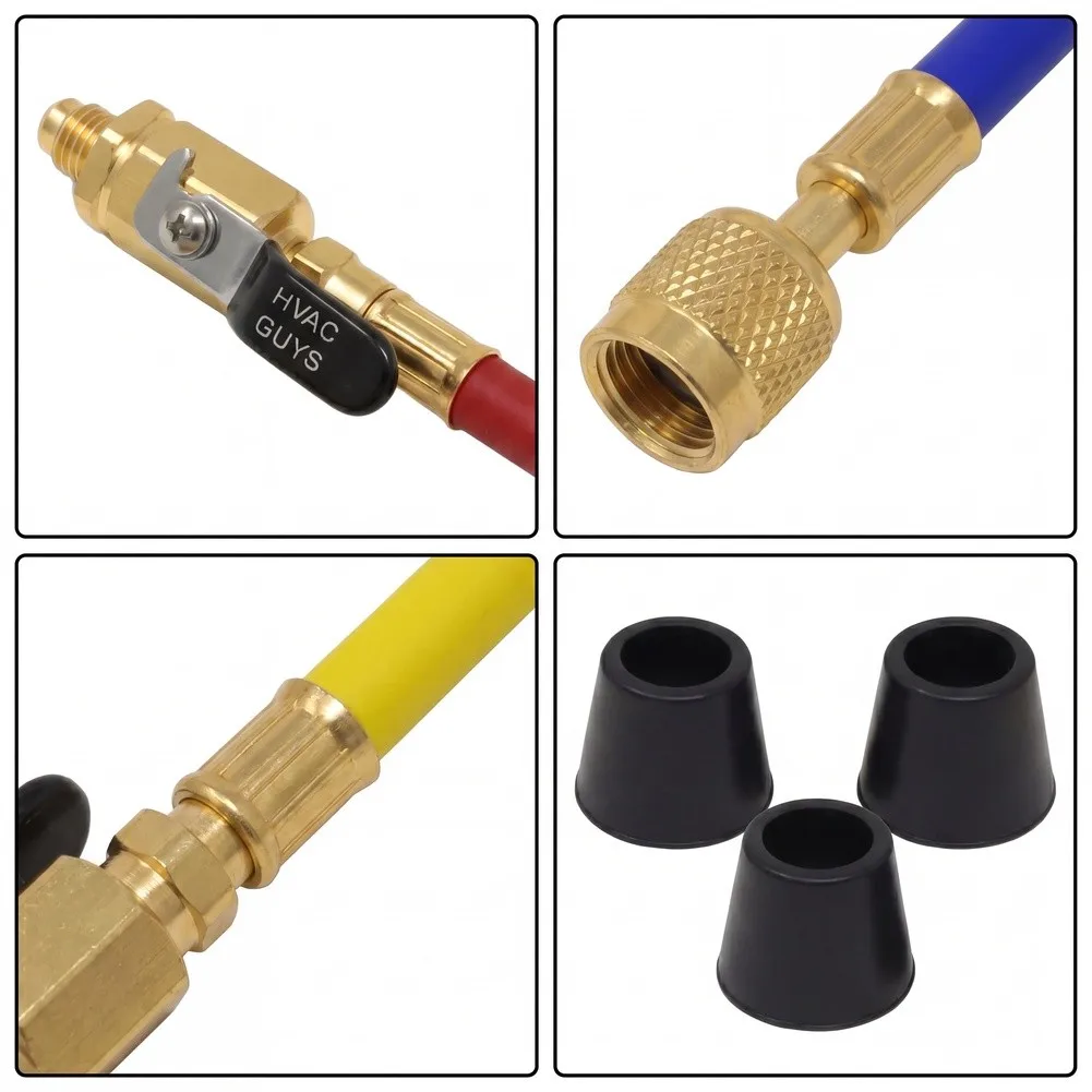 3pcs 1/4inch X 1/4inch Brass HVAC Hoses Kit With Ball Valves For R410A R134A R290 R600a /Refrigerant Charging Line Set