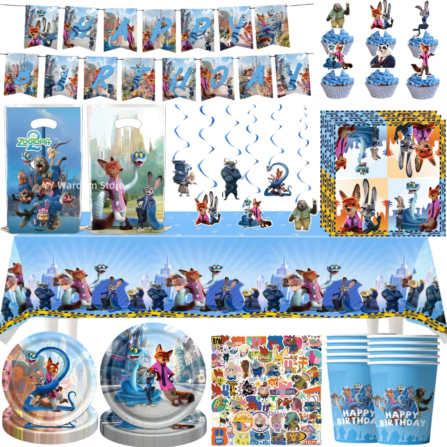 Ensemble de décoration de fête d'anniversaire Zootopia Zootropolis ‌   Kit de vaisselle jetable, nappe, tasse, assiette, serviette, cadeaux de fête prénatale